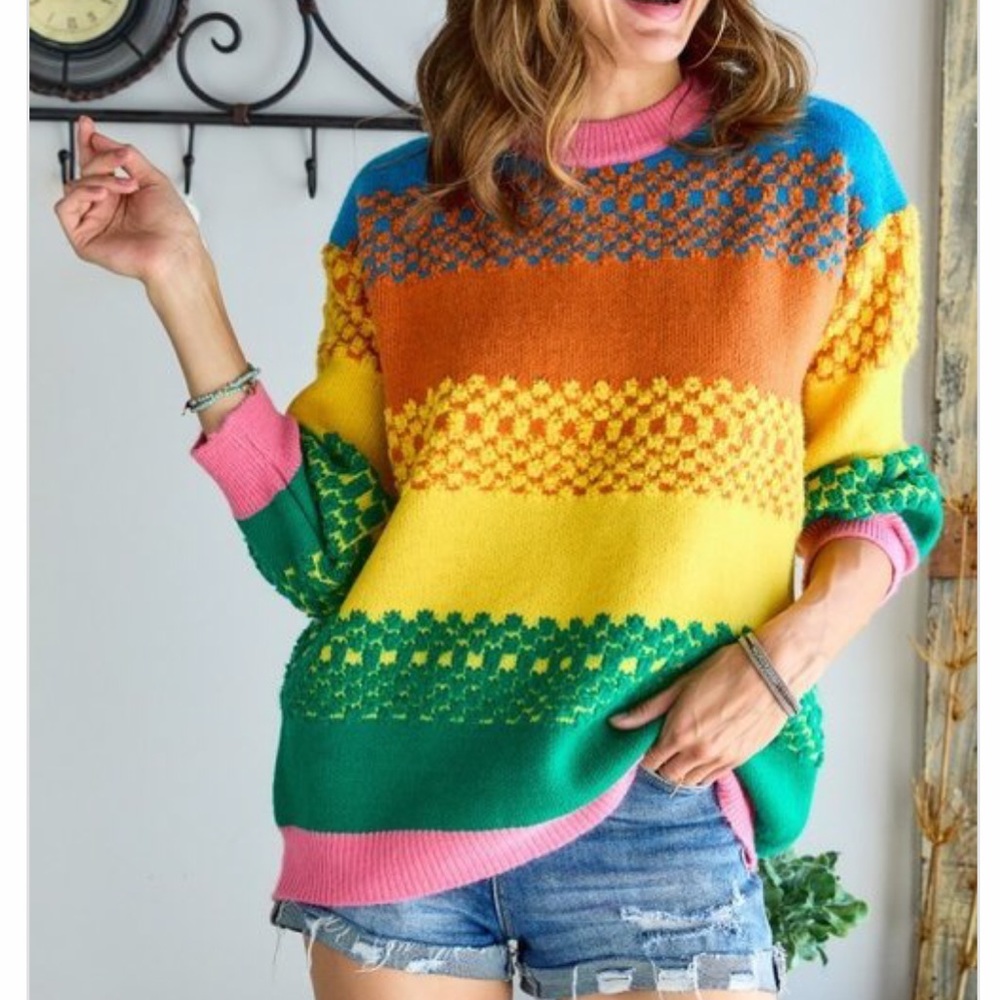 NEW boho oversized colorblock puff sleeve sweater